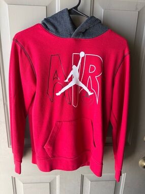Jordan Red Hoodie with Gray Hood and White Jumpman Graphic
